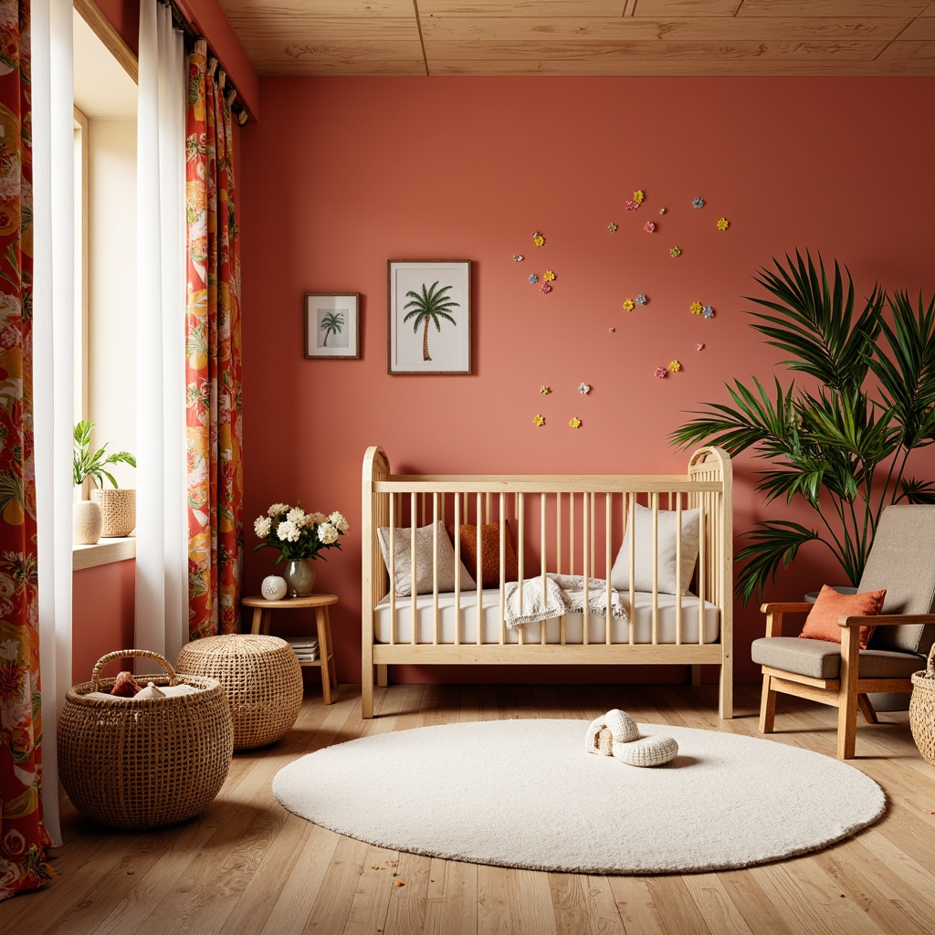 Prompt: Vibrant tropical baby room, bright coral walls, natural wood furniture, woven rattan crib, plush palm tree-printed curtains, soft linen fabrics, colorful tribal-inspired textiles, exotic floral patterns, jungle-themed wall decals, creamy white rug, warm golden lighting, 1/2 composition, shallow depth of field, realistic textures, ambient occlusion.