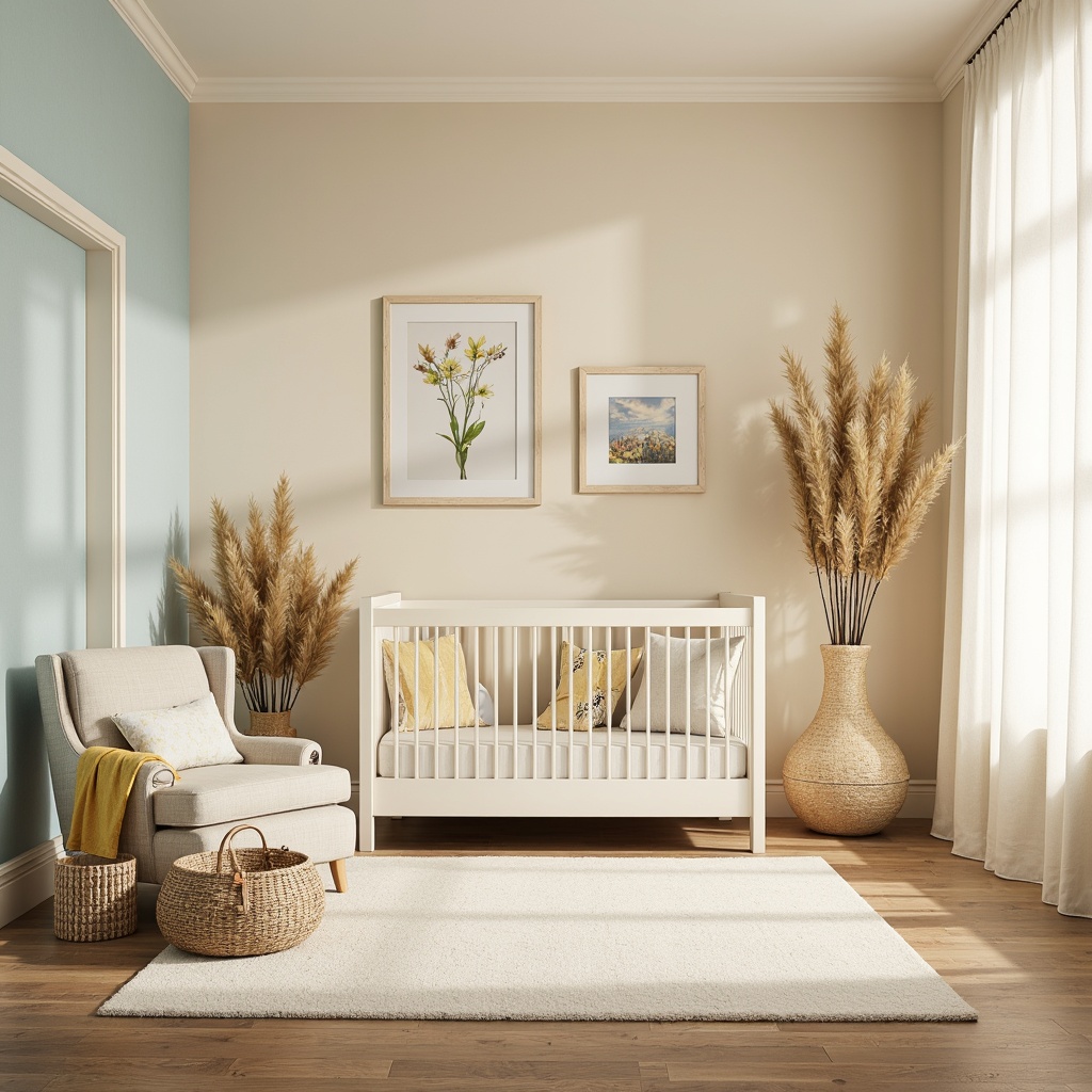 Prompt: Soft pastel hues, gentle nursery atmosphere, warm beige walls, creamy white furniture, pale blue accents, subtle yellow tones, delicate floral patterns, natural wood textures, cozy plush carpets, soothing ambient lighting, 1/2 composition, intimate framing, relaxed warm color scheme, calming mood board.