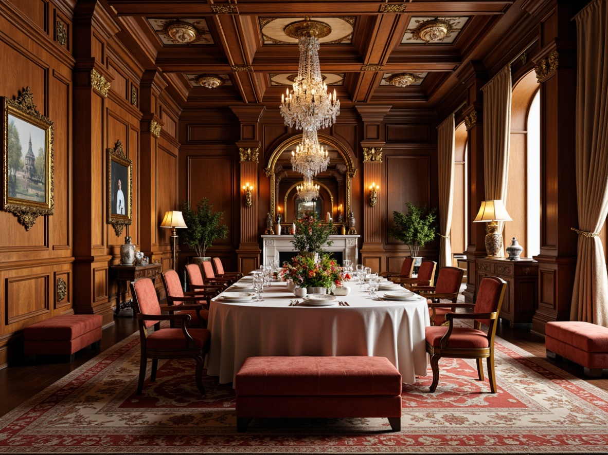 Prompt: Opulent dining room, rich wood tones, ornate carvings, velvet upholstery, gilded frames, crystal chandeliers, luxurious fabrics, intricate patterns, classic proportions, symmetrical compositions, warm golden lighting, shallow depth of field, 1/1 composition, realistic textures, ambient occlusion, Renaissance-inspired furniture, curved legs, ornate armchairs, tufted ottomans, carved wooden panels, fresco ceilings, grandiose fireplaces, lavish decorative elements.