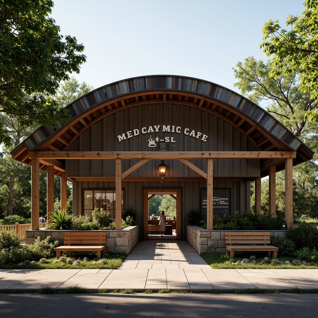 Prompt: Rustic bus station, farmhouse style, curved metal roofs, corrugated steel sheets, weathered wooden accents, earthy tone color palette, lush greenery surroundings, natural stone walls, reclaimed wood benches, vintage signage, warm lantern lighting, shallow depth of field, 1/2 composition, symmetrical framing, realistic textures, ambient occlusion.