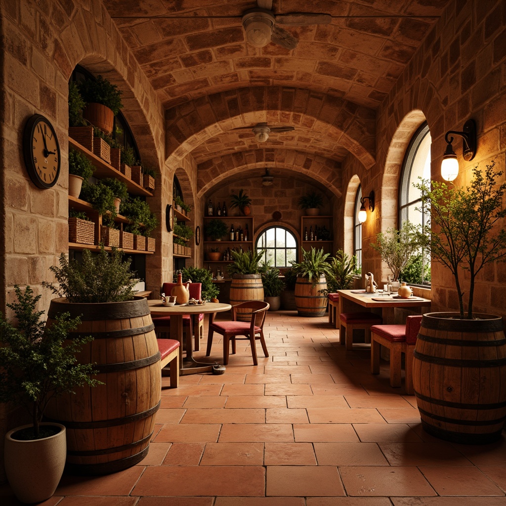 Prompt: Earthy wine cellar, rustic stone walls, wooden barrel accents, terracotta floors, dim warm lighting, ambient shadows, curved archways, ornate metalwork, vintage wine barrels, distressed wood shelves, rich reds and golds, Tuscan-inspired decor, natural textiles, woven baskets, ceramic vases, olive greenery, Mediterranean-style furnishings, soft focus, shallow depth of field, 2/3 composition, warm color palette.