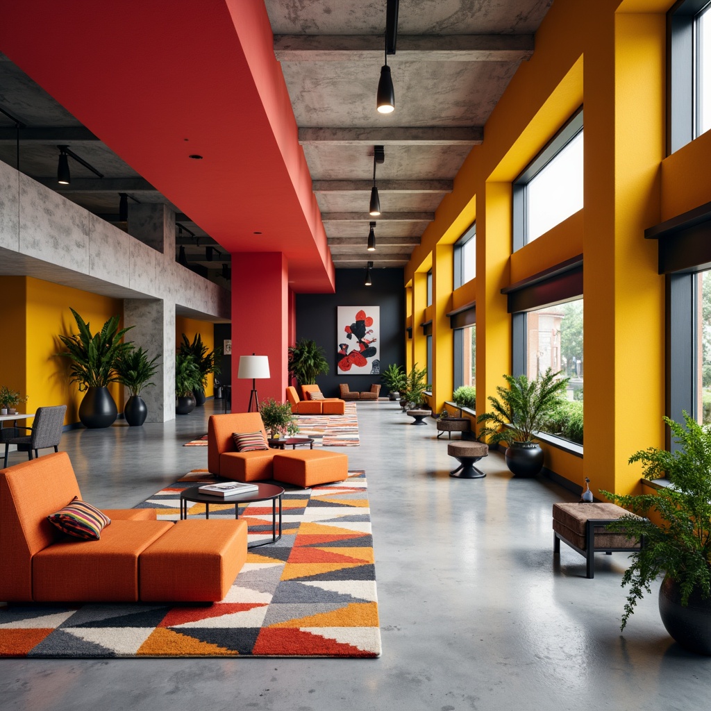 Prompt: Vibrant Bauhaus interior, bold geometric shapes, primary color palette, sleek metallic accents, minimalist decor, industrial materials, polished concrete floors, angular furniture designs, tubular steel chairs, geometric patterned rugs, abstract artwork, dramatic lighting effects, low-angle shots, high-contrast shading, 1/1 composition, realistic textures, ambient occlusion.