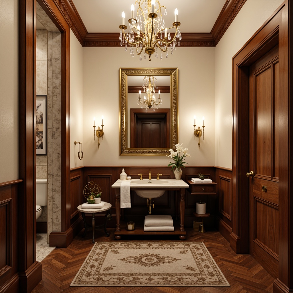 Prompt: Elegant traditional powder room, ornate mirrors, luxurious chandeliers, soft warm lighting, rich wood tones, marble countertops, gold accents, cream-colored walls, intricate molding, classic furniture pieces, plush area rugs, hardwood flooring, walnut panels, herringbone patterns, high-gloss finish, ornate metalwork, vintage accessories, sophisticated ambiance, intimate setting, dramatic drapery, lavish fabrics.