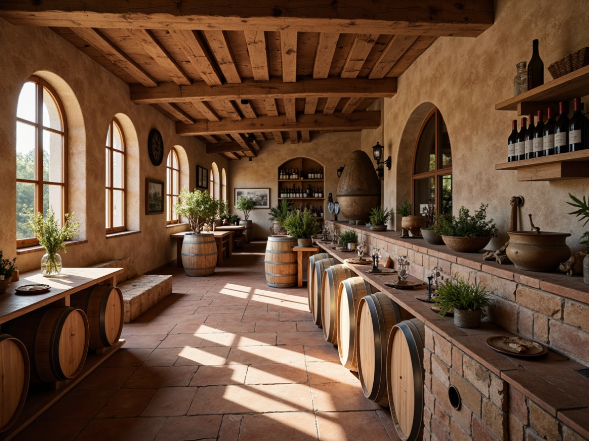 Prompt: Earth-toned stone walls, rustic wooden barrels, ornate metalwork, vintage wine-making equipment, arched windows, terracotta floors, reclaimed wood accents, warm soft lighting, cozy intimate atmosphere, natural stone countertops, distressed wood shelving, earthy color palette, Mediterranean-inspired tile work, curved lines, organic shapes, ambient occlusion, 1/1 composition, realistic textures, warm afternoon sunlight.