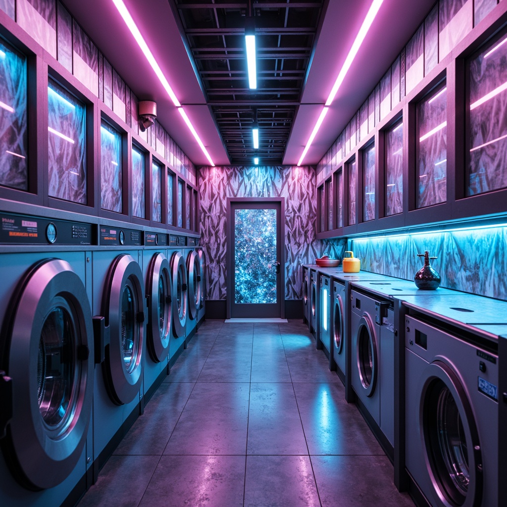 Prompt: Futuristic laundry space, metallic surfaces, neon-lit walls, iridescent fabrics, holographic patterns, glowing accents, sleek machinery, high-tech washing units, futuristic dryers, stainless steel countertops, LED lighting strips, soft focus background, shallow depth of field, 1/1 composition, cinematic camera angles, realistic reflections, ambient occlusion.