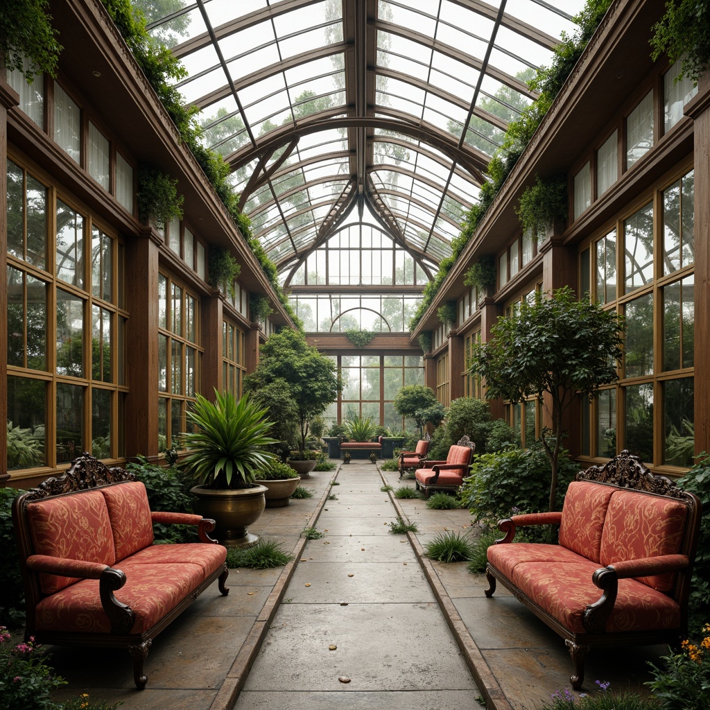 Prompt: Luxurious greenhouse interior, Victorian-style ornate furnishings, intricately carved wooden benches, plush velvet armchairs, antique bronze planters, delicate lace curtains, natural stone flooring, lush greenery, exotic plants, warm soft lighting, subtle misting system, shallow depth of field, 3/4 composition, panoramic view, realistic textures, ambient occlusion.