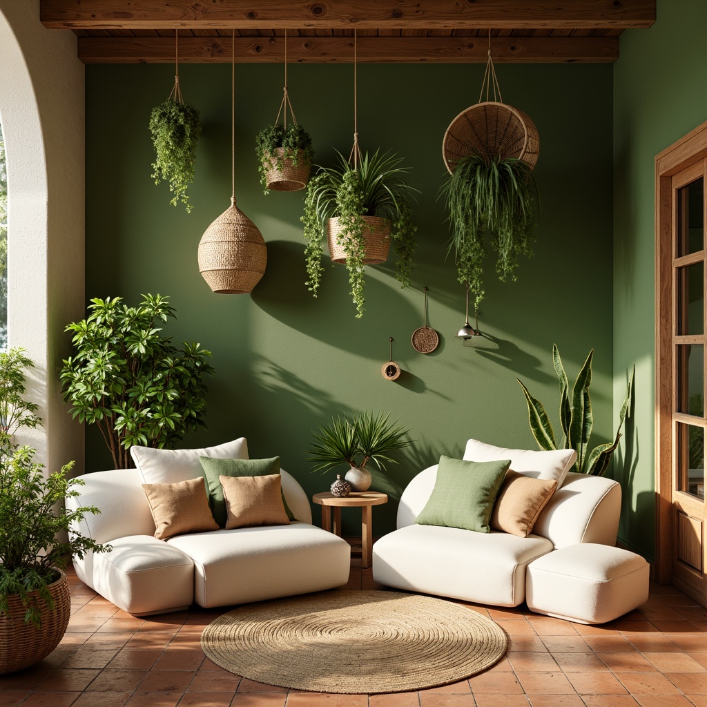 Prompt: Moss green accent walls, earthy terracotta floors, creamy white furniture, natural wood textures, woven rattan baskets, lush greenery, hanging plants, organic shapes, curved lines, soft warm lighting, shallow depth of field, 3/4 composition, realistic textures, ambient occlusion, serene atmosphere, calming ambiance, nature-inspired design, organic modern style.