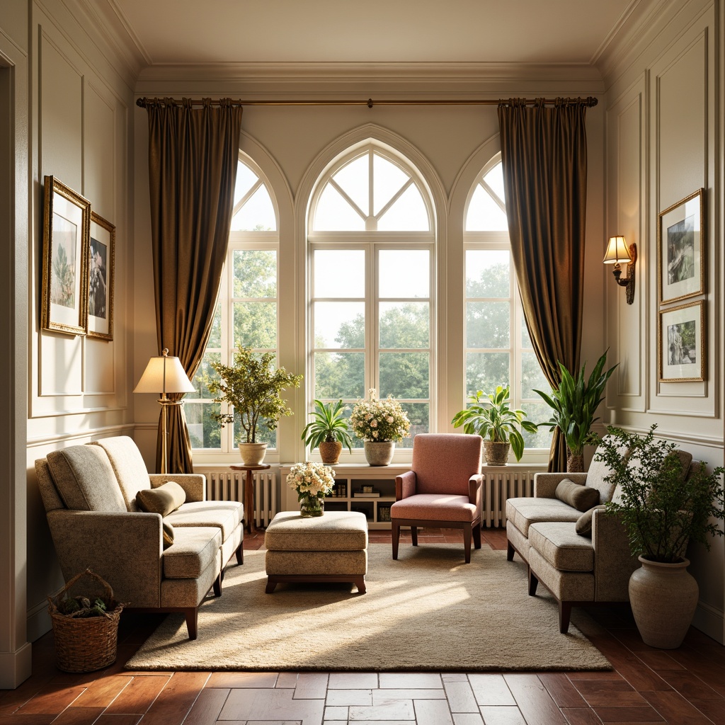 Prompt: Warm sunroom, classicism style, soft natural light, creamy white walls, rich wood tones, ornate moldings, plush furnishings, velvet drapes, golden accents, distressed finishes, vintage decorative items, earthy terracotta floors, lush greenery, blooming flowers, serene ambiance, warm beige colors, muted sage greens, dusty rose hues, weathered wood textures, subtle sheen, shallow depth of field, 1/1 composition, realistic renderings, ambient occlusion.