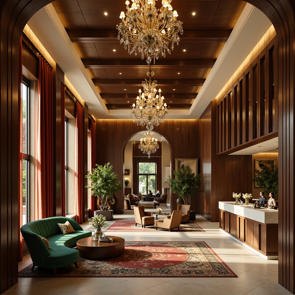 Prompt: Rich walnut wood tones, luxurious velvet fabrics, warm golden lighting, elegant marble countertops, sophisticated cream walls, vibrant emerald green accents, statement crystal chandeliers, plush area rugs, ornate metal frames, refined bronze hardware, lavish floral arrangements, intimate candlelit ambiance, dramatic high ceilings, sweeping archways, 1/2 composition, softbox lighting, realistic reflections.