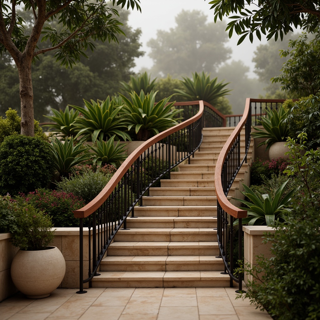 Prompt: Rich tropical hardwood handrails, ornate metal balusters, lush greenery surroundings, exotic flower patterns, natural stone walls, warm beige-colored steps, soft ambient lighting, subtle wooden textures, organic curves, elegant lines, 1/1 composition, shallow depth of field, realistic rendering, atmospheric perspective, misty morning atmosphere.