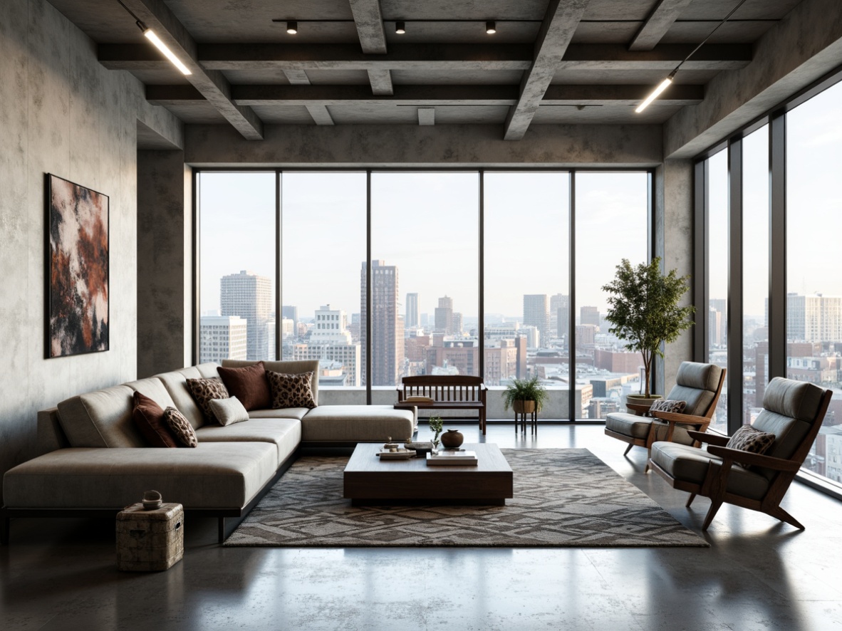 Prompt: Modern minimalist living room, low-profile sofa, sleek coffee table, abstract art pieces, floor-to-ceiling windows, urban city view, polished concrete floors, industrial metal lighting, geometric-patterned rugs, monochromatic color scheme, luxurious velvet throw pillows, metallic accents, Scandinavian-inspired wooden furniture, hidden LED ambient lighting, shallow depth of field, 1/1 composition, realistic textures, soft box shadows.