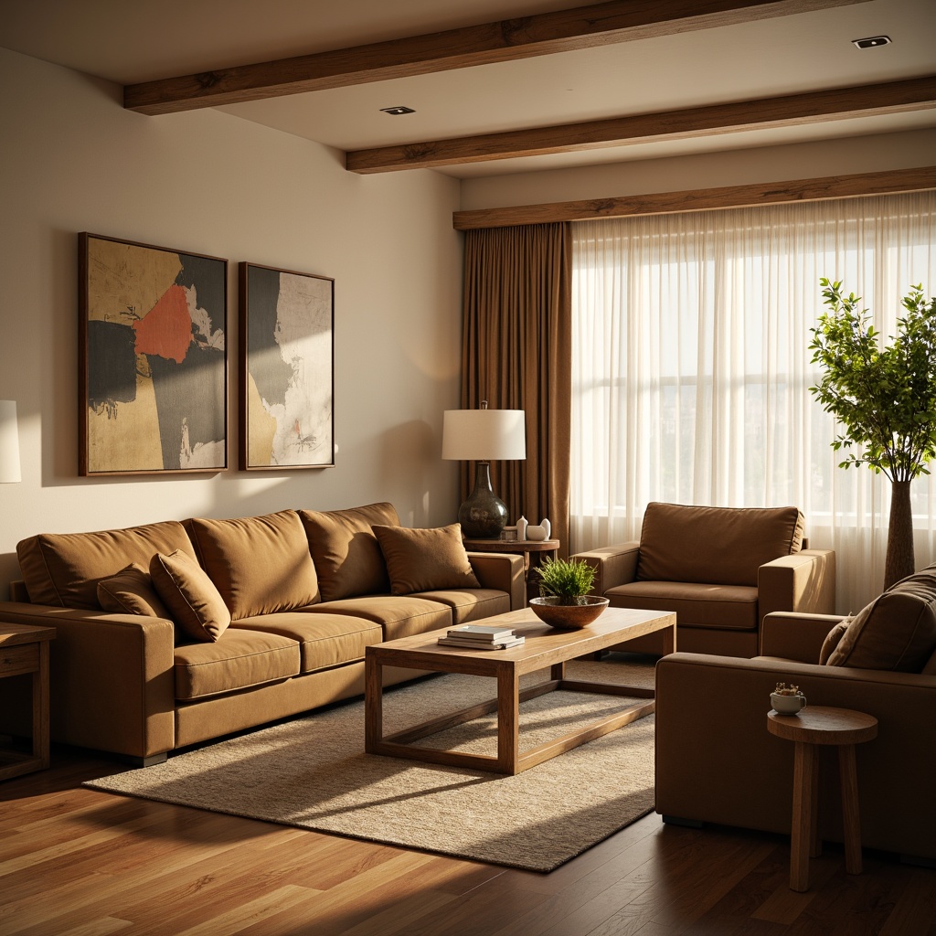 Prompt: Cozy living room, plush sofas, soft velvet upholstery, wooden coffee tables, elegant lamps, warm beige walls, comfortable throw pillows, rustic wooden accents, modern minimalist decor, natural light pouring in, sheer curtains, calm atmosphere, 1/1 composition, shallow depth of field, warm golden lighting, realistic textures, ambient occlusion.