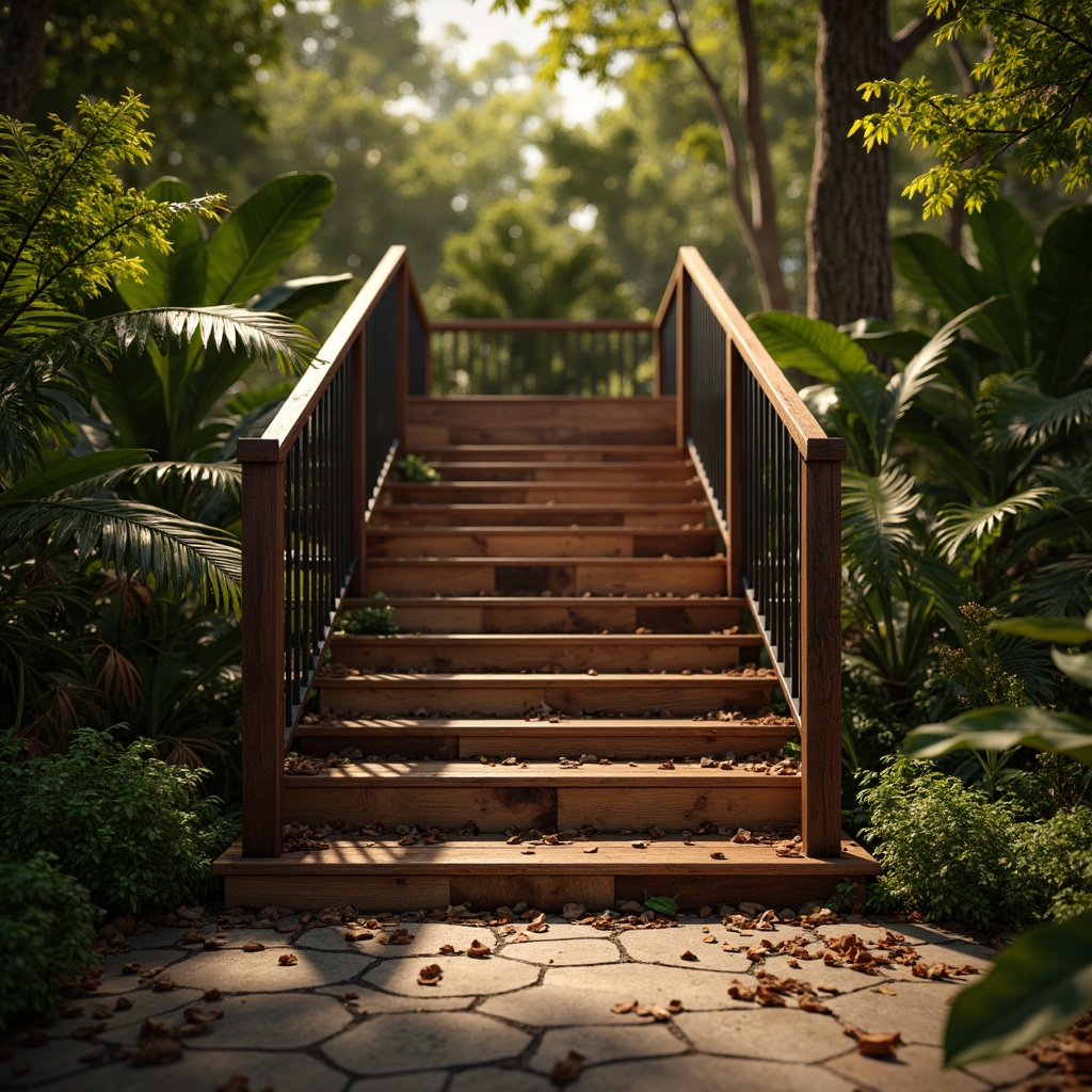 Prompt: Richly textured wooden treads, exotic hardwood species, dark-stained handrails, ornate metal balusters, lush greenery surroundings, natural stone landing, tropical rainforest-inspired design, warm golden lighting, shallow depth of field, 1/2 composition, soft focus effect, realistic wood grain textures, ambient occlusion.