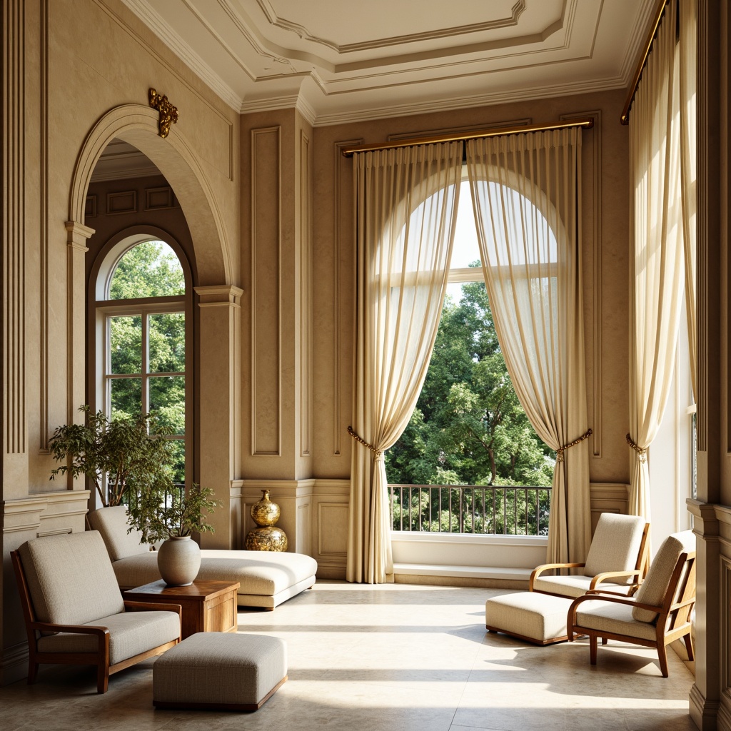 Prompt: Elegant sunroom interior, classicism-inspired wall treatments, soft natural stone cladding, warm beige plaster finishes, ornate moldings, decorative wainscoting, rich wood paneling, subtle texture variations, creamy white ceiling details, grand arched windows, flowing drapery, lush greenery views, warm sunny day, soft diffused lighting, shallow depth of field, 3/4 composition, realistic textures, ambient occlusion.