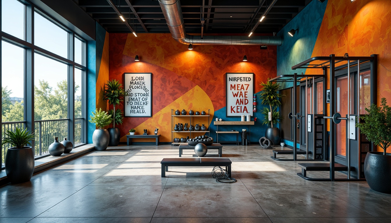 Prompt: Vibrant home gym, industrial-chic aesthetic, bold accent walls, metallic equipment, polished concrete floors, reclaimed wood accents, energizing color palette, deep blues, fiery oranges, neon greens, dynamic lighting, floor-to-ceiling windows, natural daylight, motivational quotes, modern minimalist decor, sleek lines, functional storage, rubber flooring, mirrored walls, adjustable track lighting, 1/1 composition, shallow depth of field, realistic textures.