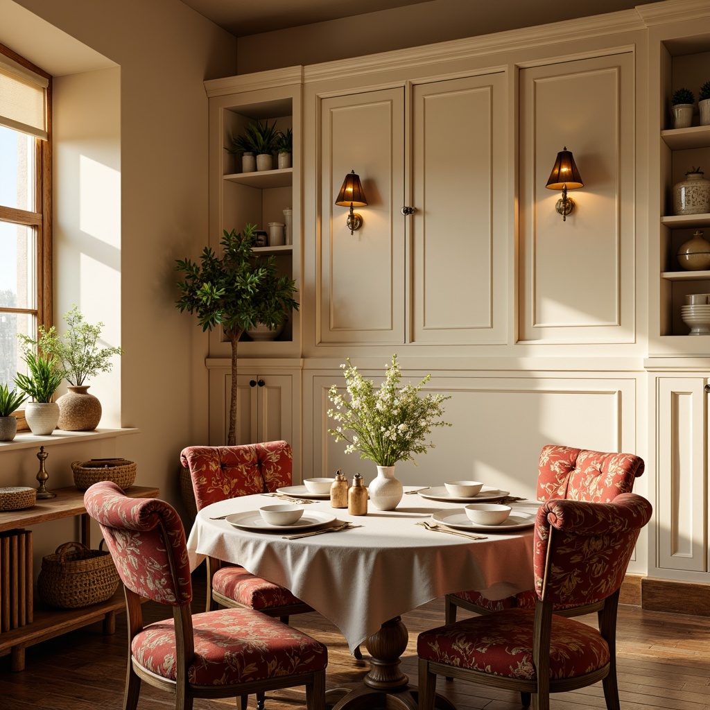 Prompt: Cozy breakfast nook, warm beige walls, soft cream-colored cabinets, elegant chrome hardware, rustic wooden tables, plush velvet armchairs, vibrant floral patterns, delicate ceramic vases, natural woven baskets, golden pendant lighting, soft morning sunlight, 1/1 composition, intimate atmosphere, realistic textures, ambient occlusion.