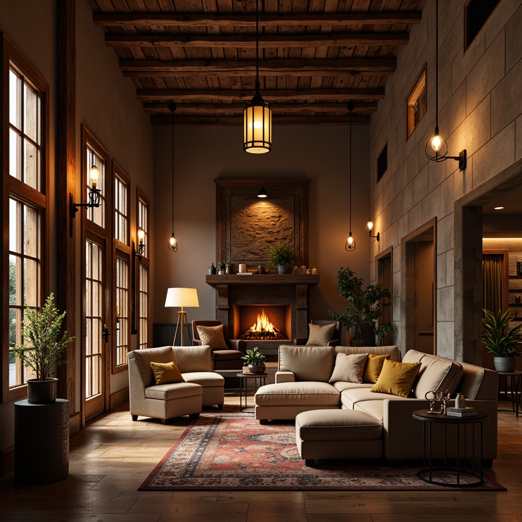 Prompt: Rustic hotel lobby, wooden accents, earthy tones, warm candlelight, pendant lanterns, metal chandeliers, dimmable floor lamps, cozy fireplace nook, stone walls, reclaimed wood ceilings, vintage decorative fixtures, soft golden lighting, warm ambiance, rustic charm, natural textures, earthy color palette, 3/4 composition, shallow depth of field, realistic rendering.