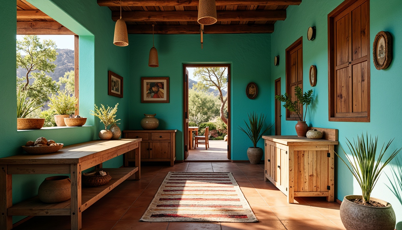 Prompt: Vibrant turquoise walls, reclaimed wood accents, woven baskets, earthy terracotta flooring, rustic wooden workbenches, distressed metal hardware, colorful woven textiles, natural fiber rugs, warm pendant lighting, wooden shutters, adobe-inspired architecture, desert botanicals, sunny afternoon light, soft warm shadows, shallow depth of field, 3/4 composition.