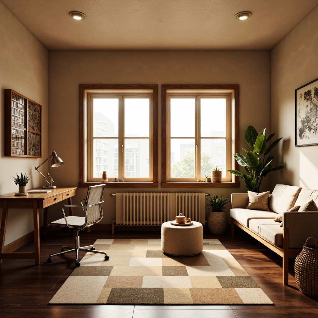 Prompt: Retro-inspired dorm room, warm beige walls, rich walnut wood furniture, geometric patterned rug, minimalist desk lamp, sleek metal chair, comfortable tufted sofa, natural fiber textiles, woven basket storage, organic shape decorative accents, soft golden lighting, shallow depth of field, 1/1 composition, realistic textures, ambient occlusion.