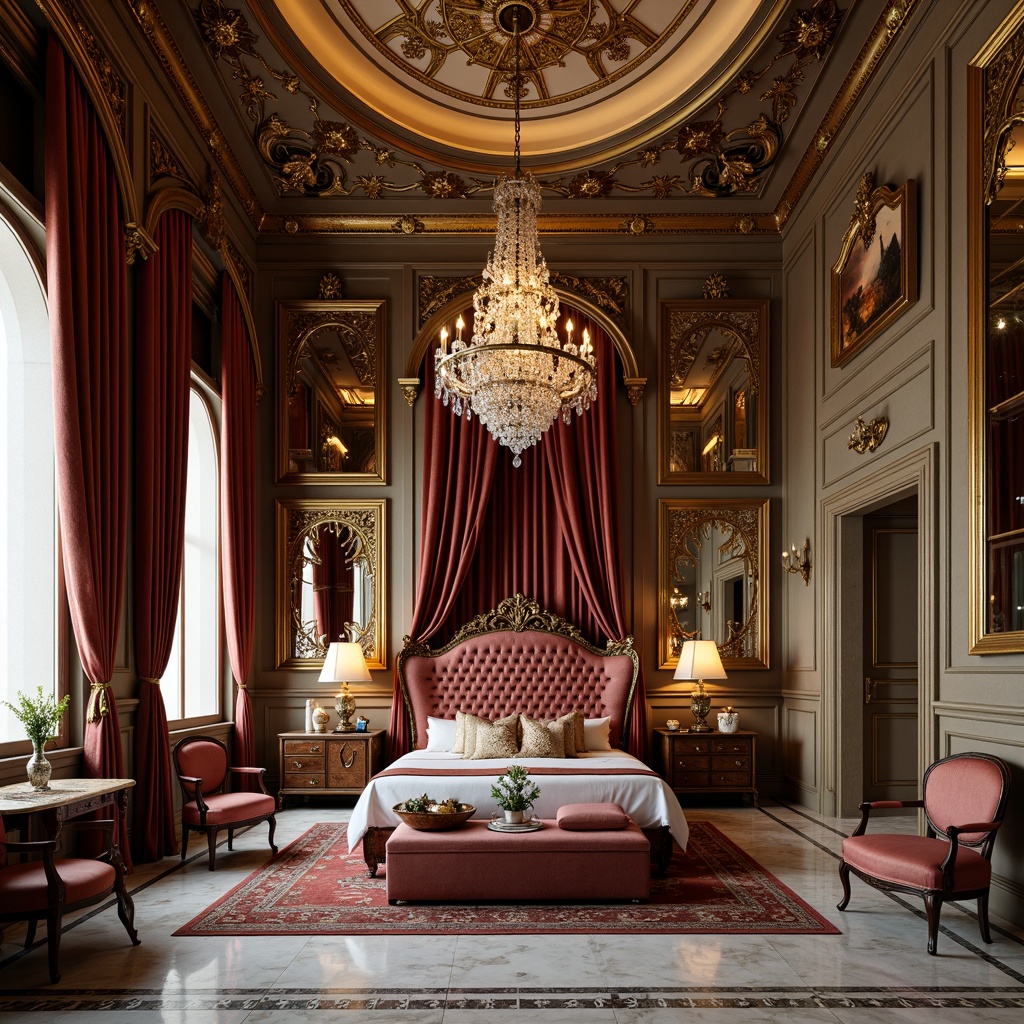 Prompt: Luxurious bedroom, grandiose furniture, intricately carved wooden panels, ornate mirrors, gilded frames, velvet drapes, lavish textiles, rich jewel-toned colors, ornamental plasterwork, dramatic crystal chandeliers, sweeping archways, intricate marble flooring, soft golden lighting, shallow depth of field, 1/1 composition, intimate atmosphere, realistic textures, ambient occlusion.