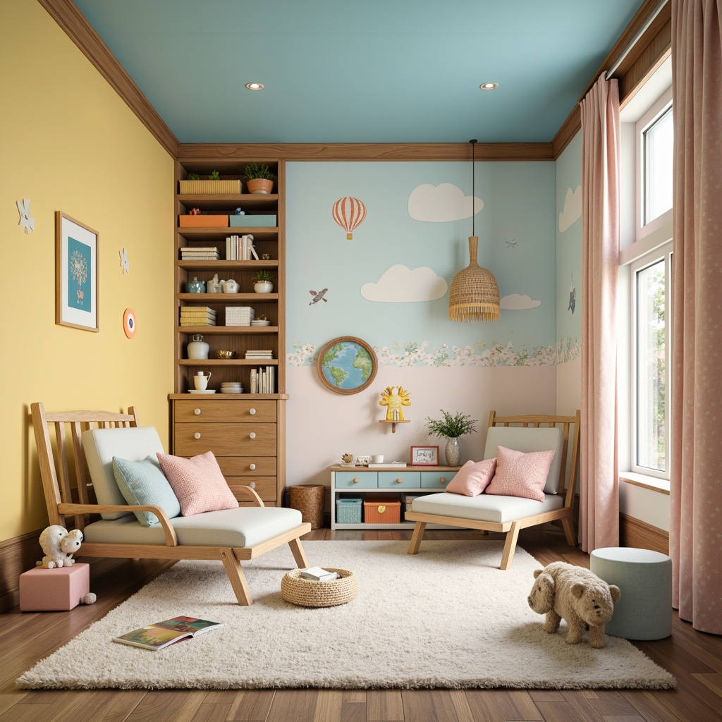 Prompt: Vibrant kids' bedroom, soft pastel colors, whimsical illustrations, playful furniture, cozy reading nook, fluffy carpet, natural wood accents, cheerful yellow walls, sky blue ceiling, creamy white trim, colorful storage bins, fun polka dots, gentle warm lighting, shallow depth of field, 1/2 composition, inviting atmosphere, child-friendly decor.