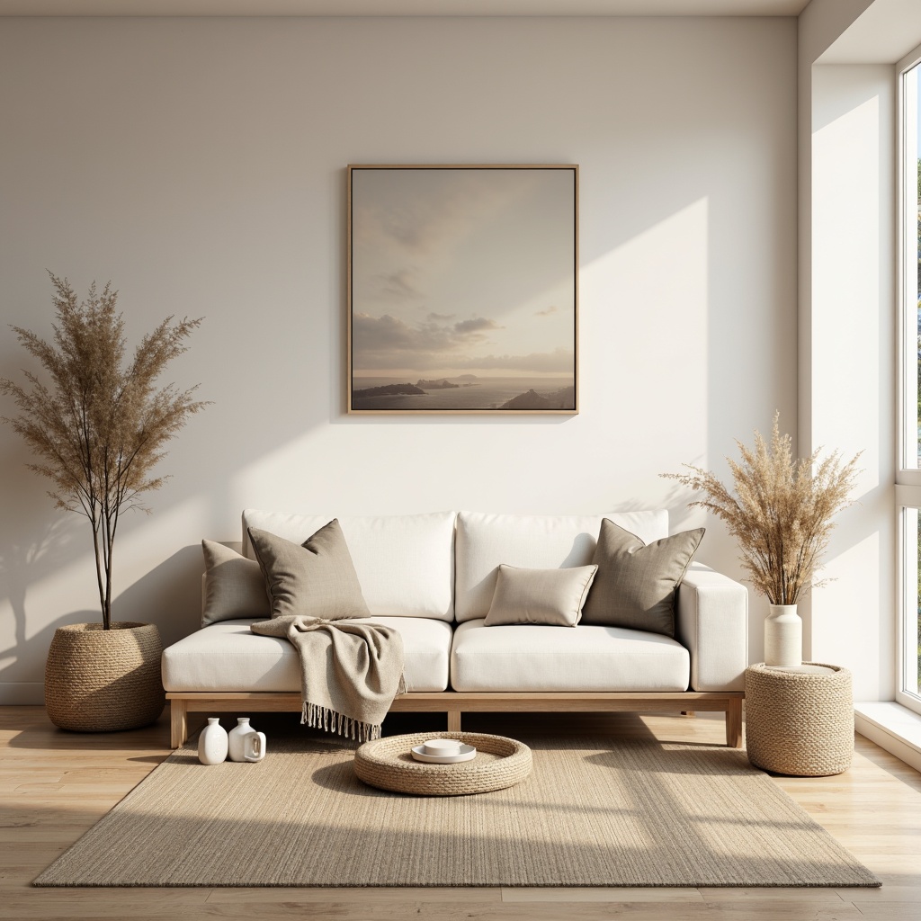 Prompt: Soothing neutral color scheme, calming beige tones, creamy whites, soft grays, taupe accents, natural textures, woven fibers, minimalist decor, subtle patterns, organic shapes, earthy undertones, serene ambiance, warm indirect lighting, shallow depth of field, 1/1 composition, realistic renderings, ambient occlusion.