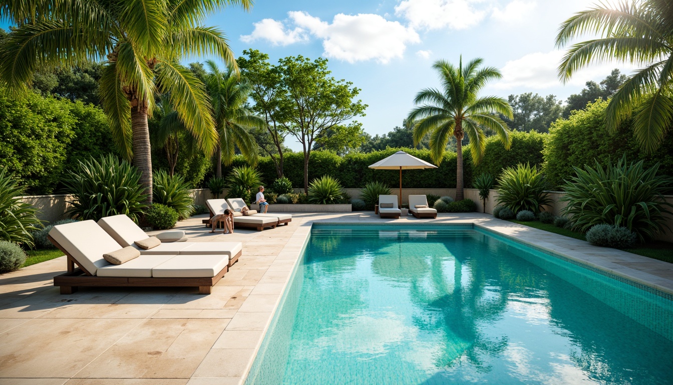 Prompt: Vibrant turquoise pool water, sleek modern coping stones, warm beige deck flooring, lush green surrounding foliage, tropical palm trees, sunny day with few clouds, soft warm lighting, gentle ripples on water surface, 3/4 composition, realistic reflective pool surfaces, ambient occlusion, calming color scheme, serene atmosphere.