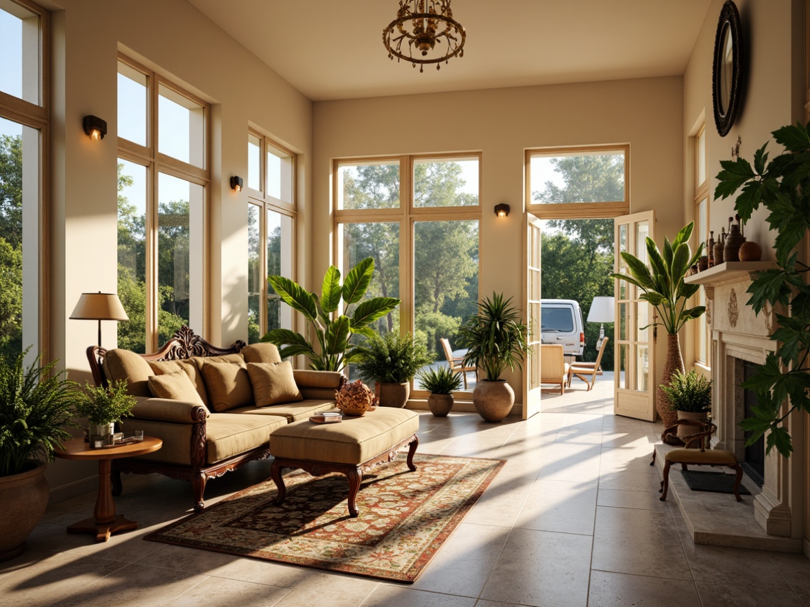 Prompt: Elegant sunroom, classic architectural style, natural stone flooring, cream-colored walls, ornate wooden furniture, plush velvet upholstery, golden lighting fixtures, intricate patterned rugs, botanical prints, lush greenery, sunny day, soft warm lighting, shallow depth of field, 3/4 composition, realistic textures, ambient occlusion.