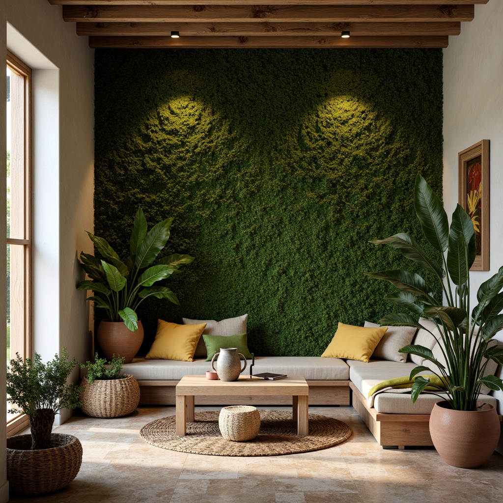 Prompt: Moss green accent wall, natural stone flooring, reclaimed wood furniture, earthy terracotta planters, lush greenery, soft warm lighting, cozy reading nook, comfortable cushions, woven baskets, organic textures, nature-inspired patterns, calming atmosphere, serene ambiance, shallow depth of field, 1/1 composition, realistic rendering.