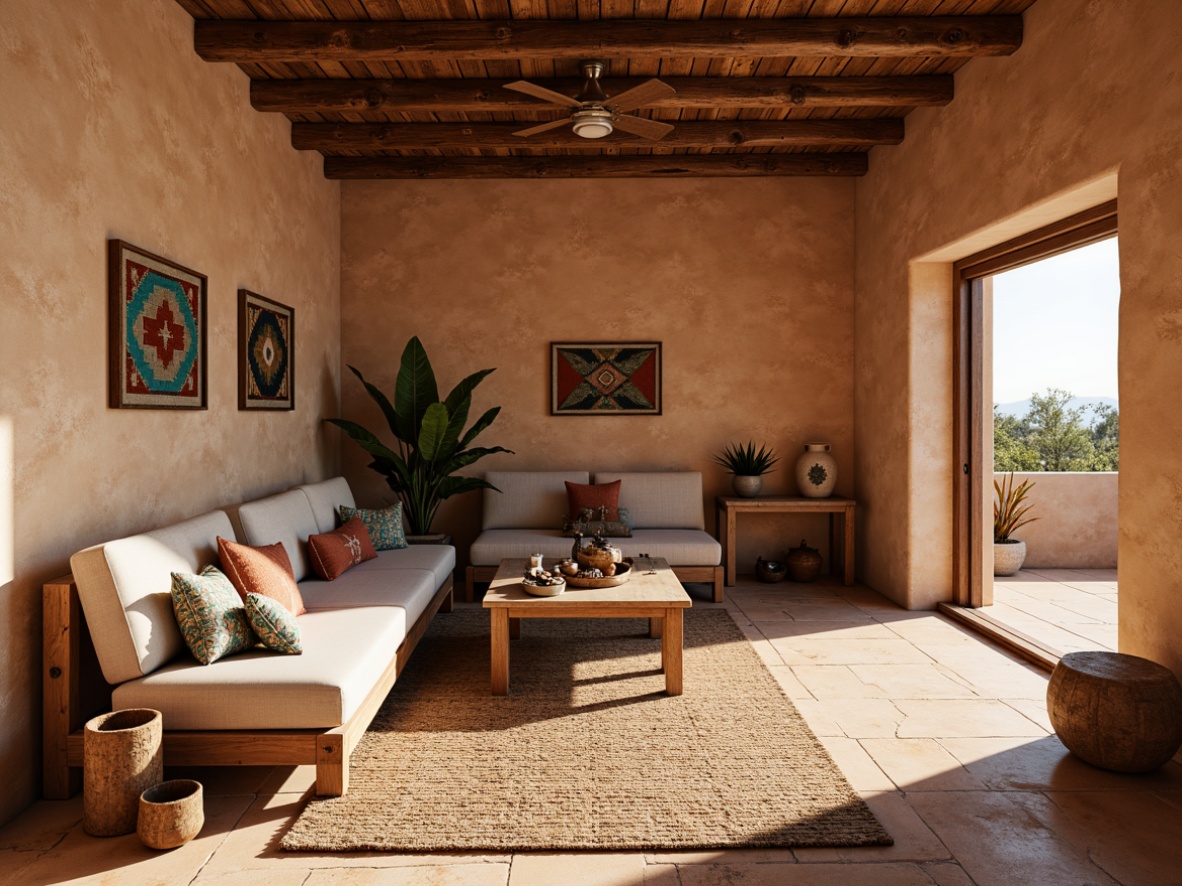 Prompt: Earth-toned adobe walls, rustic stucco finishes, warm terracotta hues, distressed wooden accents, woven Native American patterns, vibrant turquoise highlights, sandy beige stone textures, rough-hewn wooden beams, natural fiber rugs, vintage desert-inspired decor, sun-bleached fabrics, soft warm lighting, shallow depth of field, 1/2 composition, realistic earthy tones, ambient occlusion.