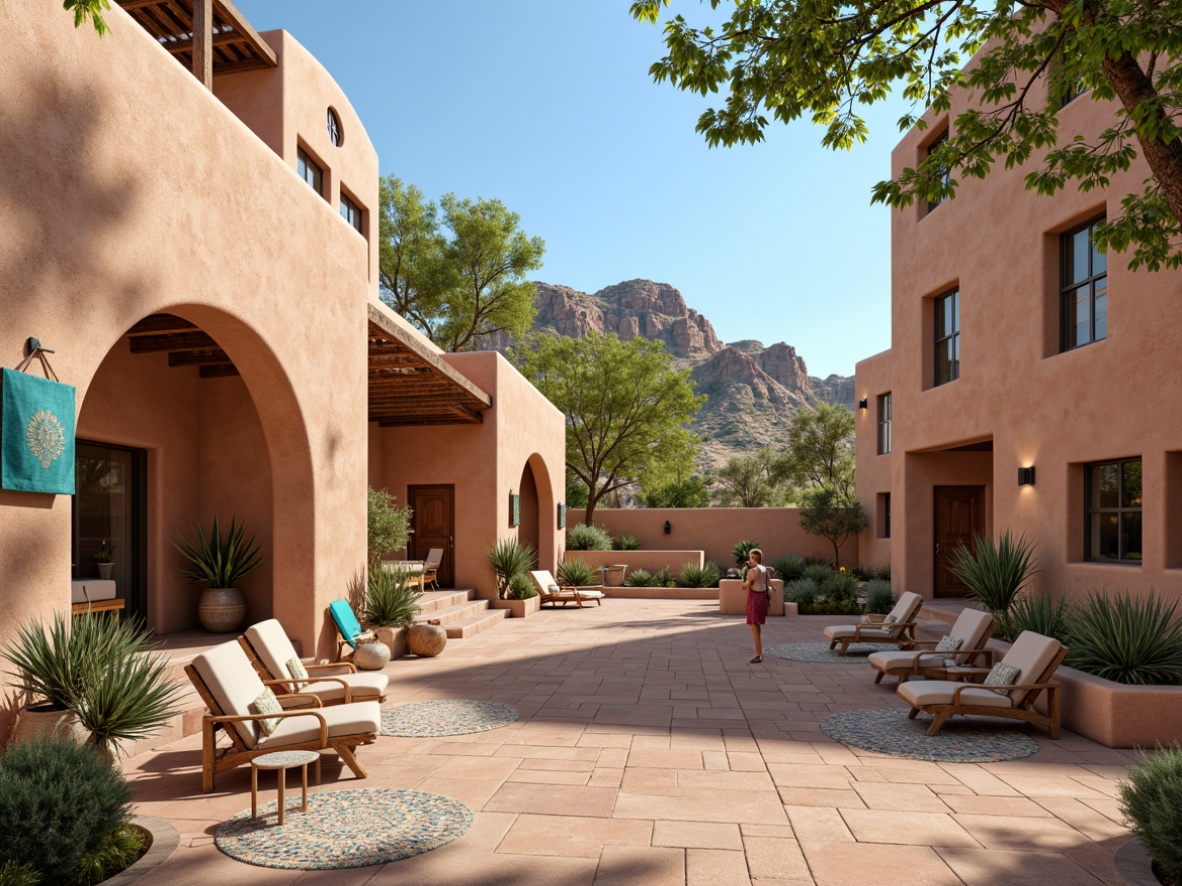 Prompt: Adobe-style earth-toned buildings, curved lines, stucco walls, wooden accents, rustic doorways, arched windows, terra cotta roofing, vibrant turquoise decorations, colorful ceramic tiles, woven textiles, geometric patterns, natural stone flooring, desert landscape, cactus plants, sunny day, clear blue sky, warm soft lighting, shallow depth of field, 3/4 composition, panoramic view, realistic textures, ambient occlusion.