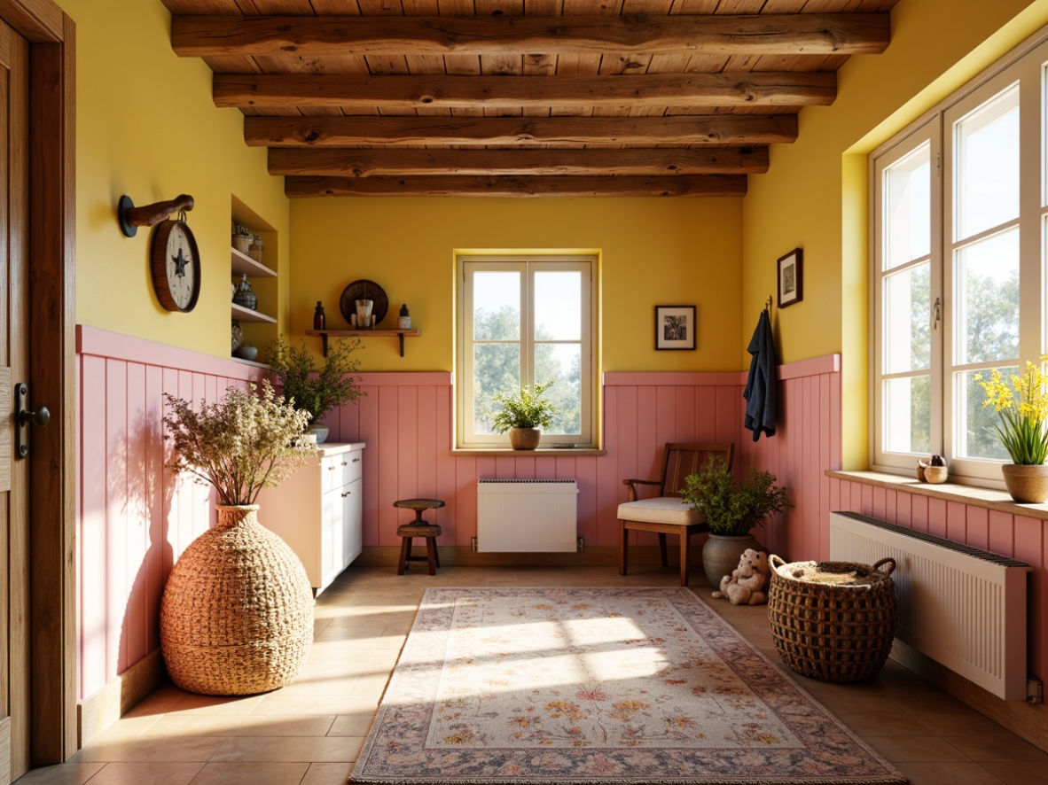 Prompt: Rustic farmhouse, bright color scheme, warm yellow walls, soft pink accents, creamy white trim, natural wood textures, vintage farm tools, playful animal illustrations, woven baskets, floral patterns, earthy tones, sunny afternoon, soft warm lighting, shallow depth of field, 1/1 composition, intimate view, realistic textures, ambient occlusion.