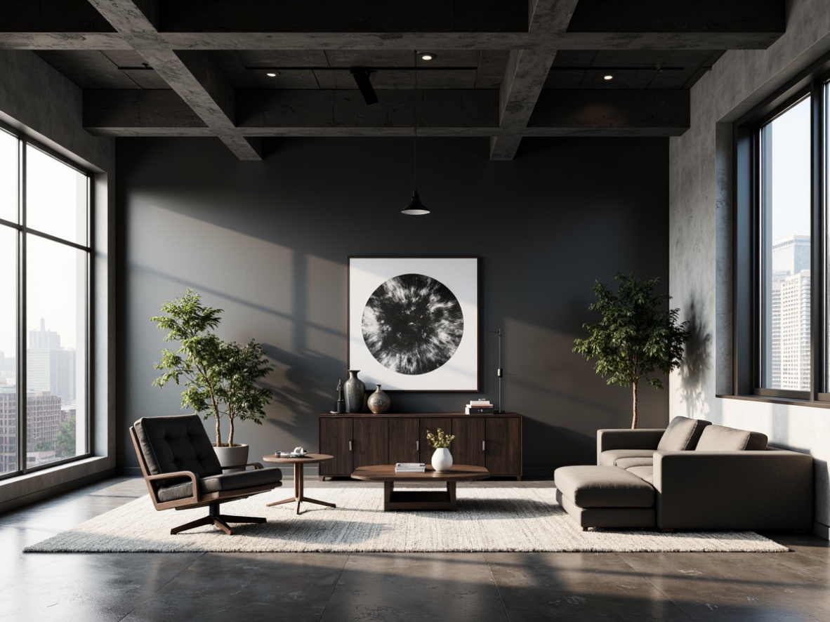 Prompt: Monochromatic interior, sleek modern furniture, bold accent walls, matte finish, industrial-chic decor, polished concrete floors, minimalist artwork, floor-to-ceiling windows, abundant natural light, urban loft atmosphere, neutral color scheme, sophisticated textures, subtle pattern contrasts, warm ambient lighting, shallow depth of field, 1/1 composition, realistic renderings.