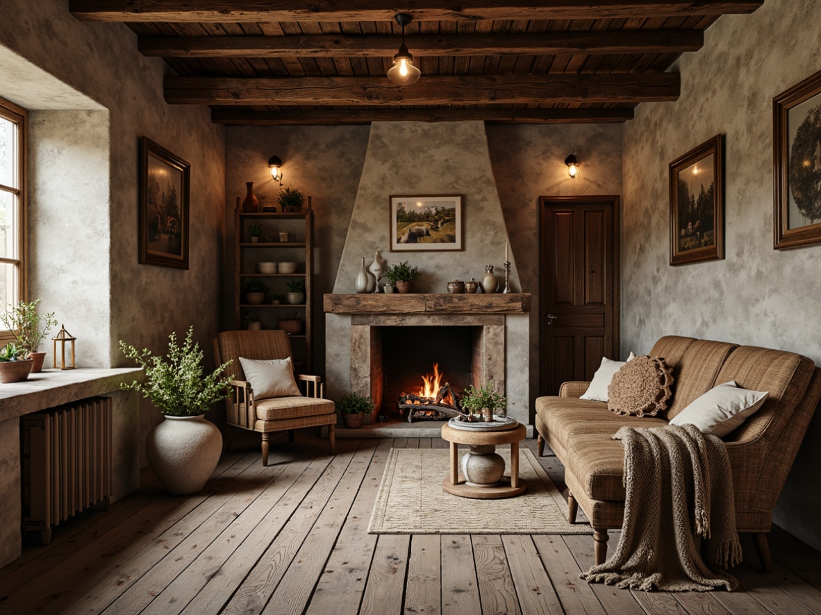 Prompt: Weathered wooden planks, distressed stone walls, vintage metal lanterns, earthy color palette, natural textiles, woven baskets, antique furniture pieces, cozy fireplaces, plush throw blankets, warm candlelight, soft shadows, shallow depth of field, 1/1 composition, rustic charm, countryside ambiance, organic shapes, nature-inspired patterns.