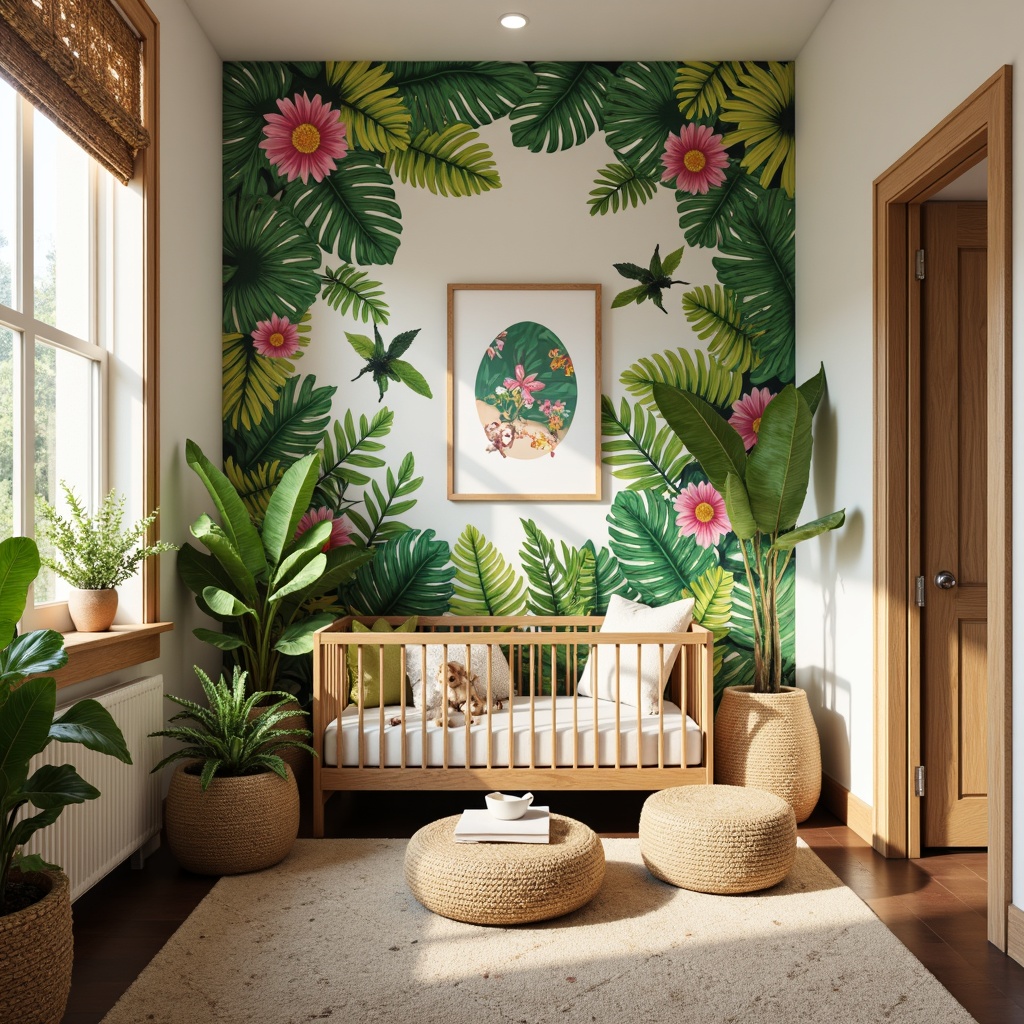 Prompt: Vibrant tropical nursery, lush greenery, colorful floral patterns, woven rattan furniture, natural wood accents, soft pastel colors, whimsical wall art, exotic leaf motifs, playful monkey decorations, jungle-inspired textiles, warm beige walls, creamy white trim, cozy reading nook, plush area rug, softbox lighting, 1/1 composition, realistic textures, ambient occlusion.