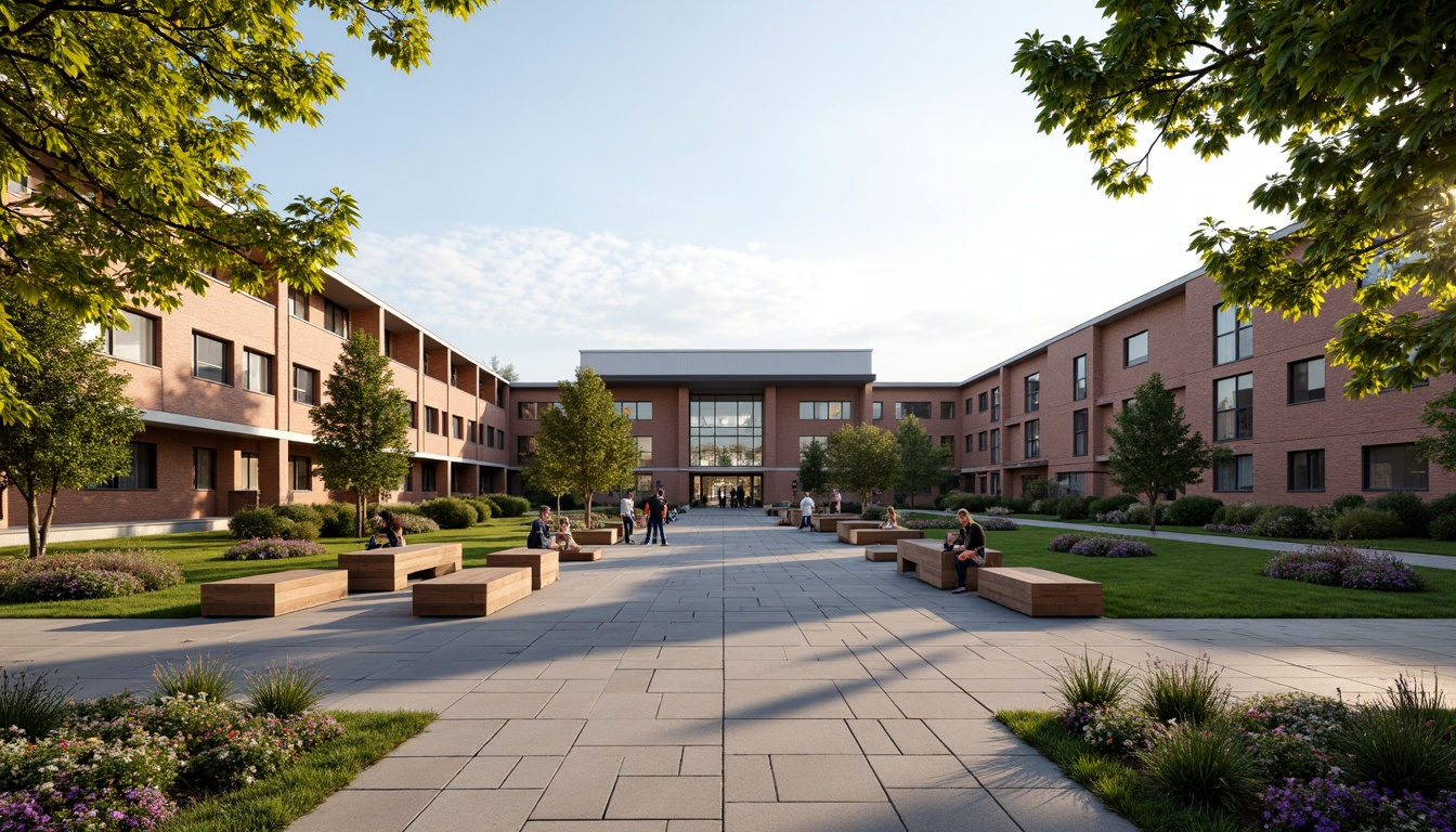 Prompt: Spacious high school courtyard, natural stone pavers, lush greenery, vibrant flowers, wooden benches, educational signs, modern transitional architecture, brick and glass buildings, large windows, soft warm lighting, shallow depth of field, 3/4 composition, panoramic view, realistic textures, ambient occlusion, open-air amphitheater, flexible seating areas, collaborative learning spaces, interactive display screens, minimal ornamentation, functional design elements, earthy color palette, rustic wood accents.