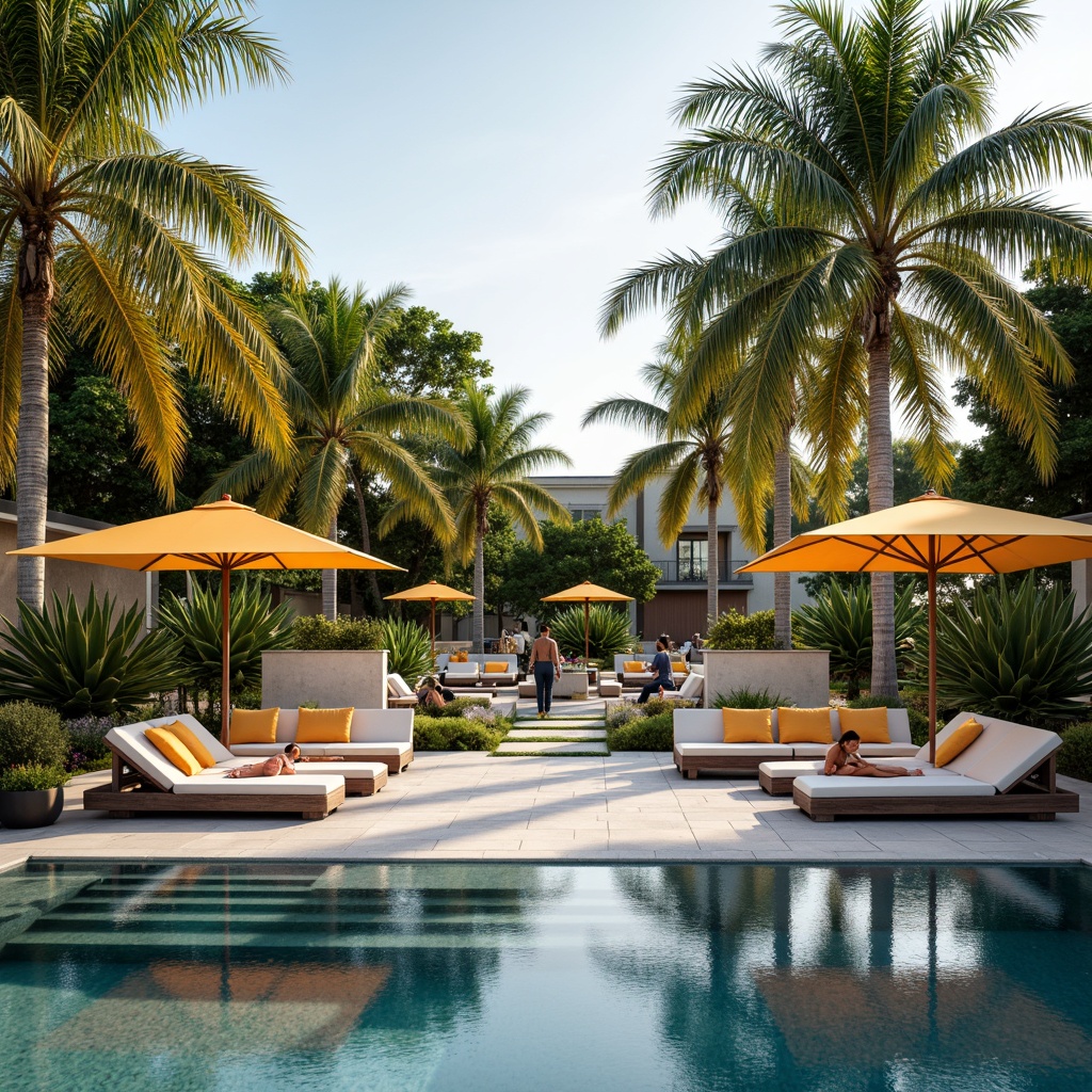 Prompt: Luxurious poolside lounge area, comfortable outdoor sofas, plush throw pillows, tropical palm trees, vibrant colorful umbrellas, natural stone flooring, sleek modern patio tables, refreshing swimming pool, sunny day, warm soft lighting, shallow depth of field, 3/4 composition, panoramic view, realistic water textures, ambient occlusion.