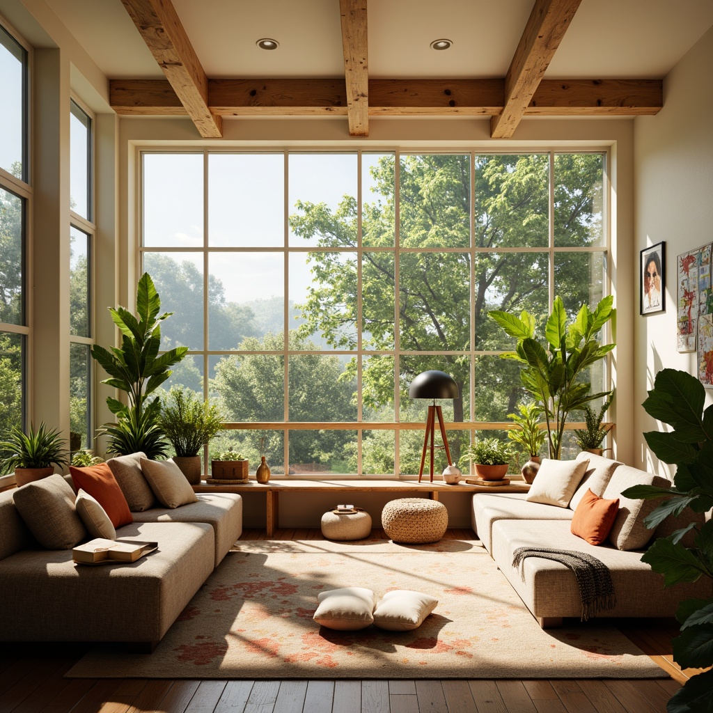 Prompt: Vibrant living room, large windows, natural light pouring in, bright atmosphere, comfortable furniture, soft cushions, wooden floors, modern minimalist decor, greenery, potted plants, floral patterns, warm beige walls, cozy reading nook, floor lamps, gentle shadows, shallow depth of field, 1/1 composition, realistic textures, ambient occlusion.