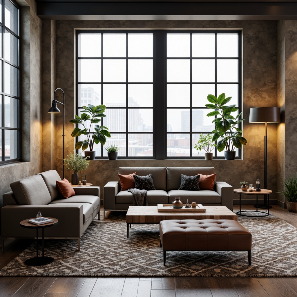 Prompt: Modern minimalist living room, sleek low-profile sofas, polished chrome legs, tufted velvet armchairs, reclaimed wood coffee tables, geometric patterned rugs, industrial chic metal lamps, floor-to-ceiling windows, urban loft ambiance, soft warm lighting, shallow depth of field, 3/4 composition, realistic textures, ambient occlusion.