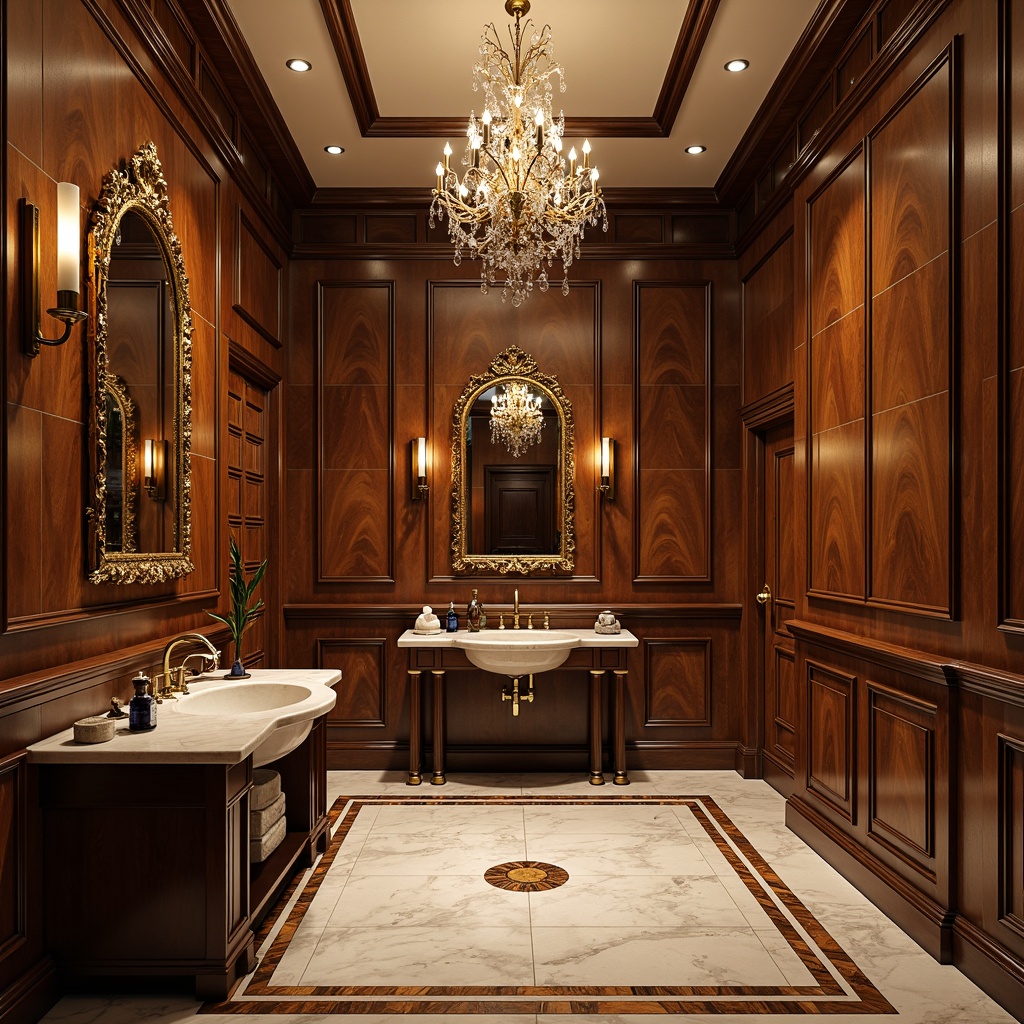 Prompt: Luxurious traditional powder room, ornate mirrors, antique furnishings, soft warm lighting, marble flooring, inlaid wood patterns, high-gloss finish, rich walnut tones, intricate moldings, decorative wainscoting, elegant freestanding sinks, crystal chandeliers, subtle sheen, shallow depth of field, 1/1 composition, realistic textures.