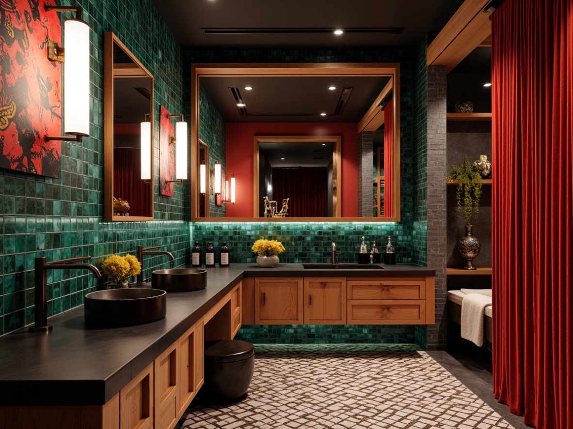 Prompt: Vibrant bathroom, bold color scheme, geometric patterned tiles, sleek metallic fixtures, matte black countertops, rich wooden cabinetry, textured glass partitions, abstract artwork, avant-garde lighting fixtures, industrial-style exposed pipes, eclectic mix of materials, polished chrome accents, luxurious velvet textiles, statement wallpaper, moody atmospheric lighting, 1/1 composition, dramatic shadows, high-contrast color palette.