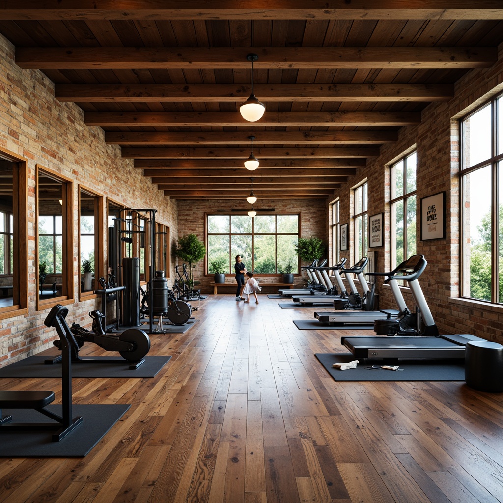 Prompt: Rustic home gym, wooden floors, exposed brick walls, industrial-style lighting, modern fitness equipment, free weights, treadmill, exercise bike, yoga mats, mirrored walls, motivational quotes, natural stone accents, reclaimed wood beams, high ceilings, large windows, abundant natural light, soft warm atmosphere, 1/2 composition, shallow depth of field, realistic textures.