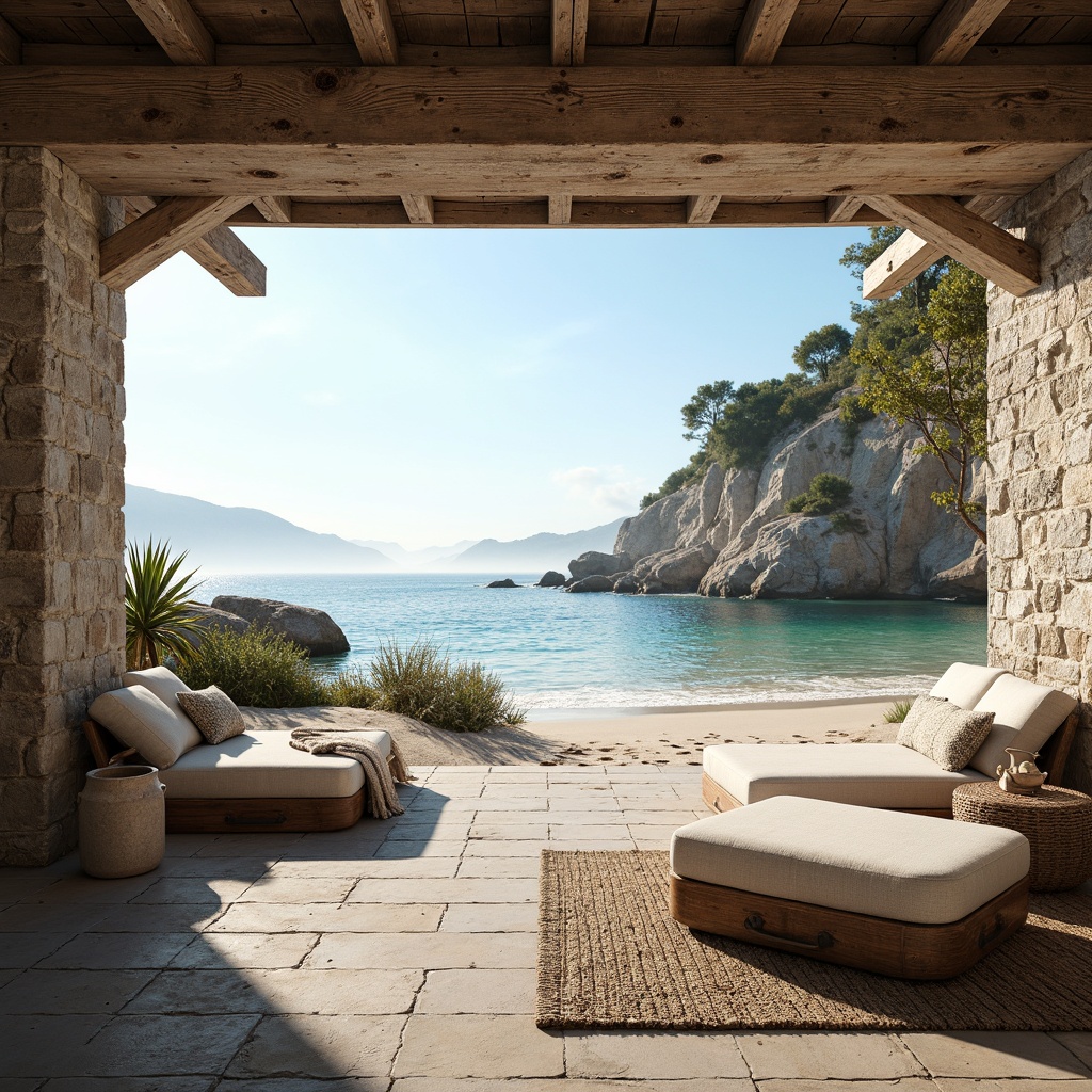 Prompt: Serene coastal scenery, soft sandy beaches, crystal-clear turquoise waters, gentle sea breeze, driftwood accents, weathered stone walls, rustic nautical ropes, distressed wood textures, calming ocean views, misty morning atmosphere, warm golden lighting, shallow depth of field, 1/1 composition, realistic rendering, ambient occlusion, soothing blues and whites color palette, natural linen fabrics, woven rattan furniture, coral-inspired patterns, subtle shell textures.