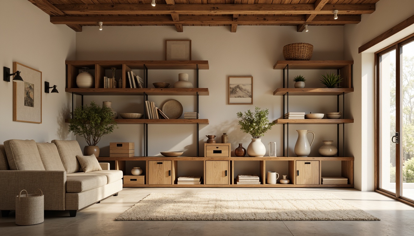 Prompt: Calming storage room, earthy tone walls, warm beige shelving, rustic wood accents, metal hardware, soft overhead lighting, cozy atmosphere, organized storage systems, labeled containers, natural fiber rugs, soothing color scheme, monochromatic tones, subtle texture variations, matte finishes, minimalist decor, functional simplicity, airy feel, soft shadows, 1/1 composition, realistic render.