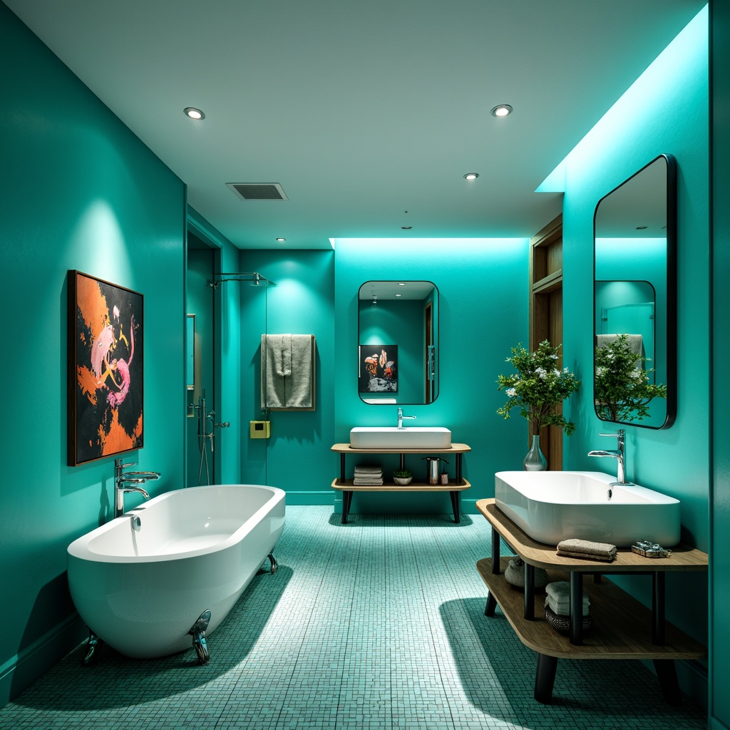 Prompt: Vibrant turquoise walls, curved lines, ornate fixtures, freestanding tubs, rainfall showerheads, glass mosaic tiles, polished chrome accents, ambient LED lighting, soft focus, shallow depth of field, 1/2 composition, panoramic view, realistic textures, ambient occlusion, luxurious textiles, geometric patterns, abstract artwork, eclectic accessories, futuristic sink designs, bold color blocking, avant-garde styling.