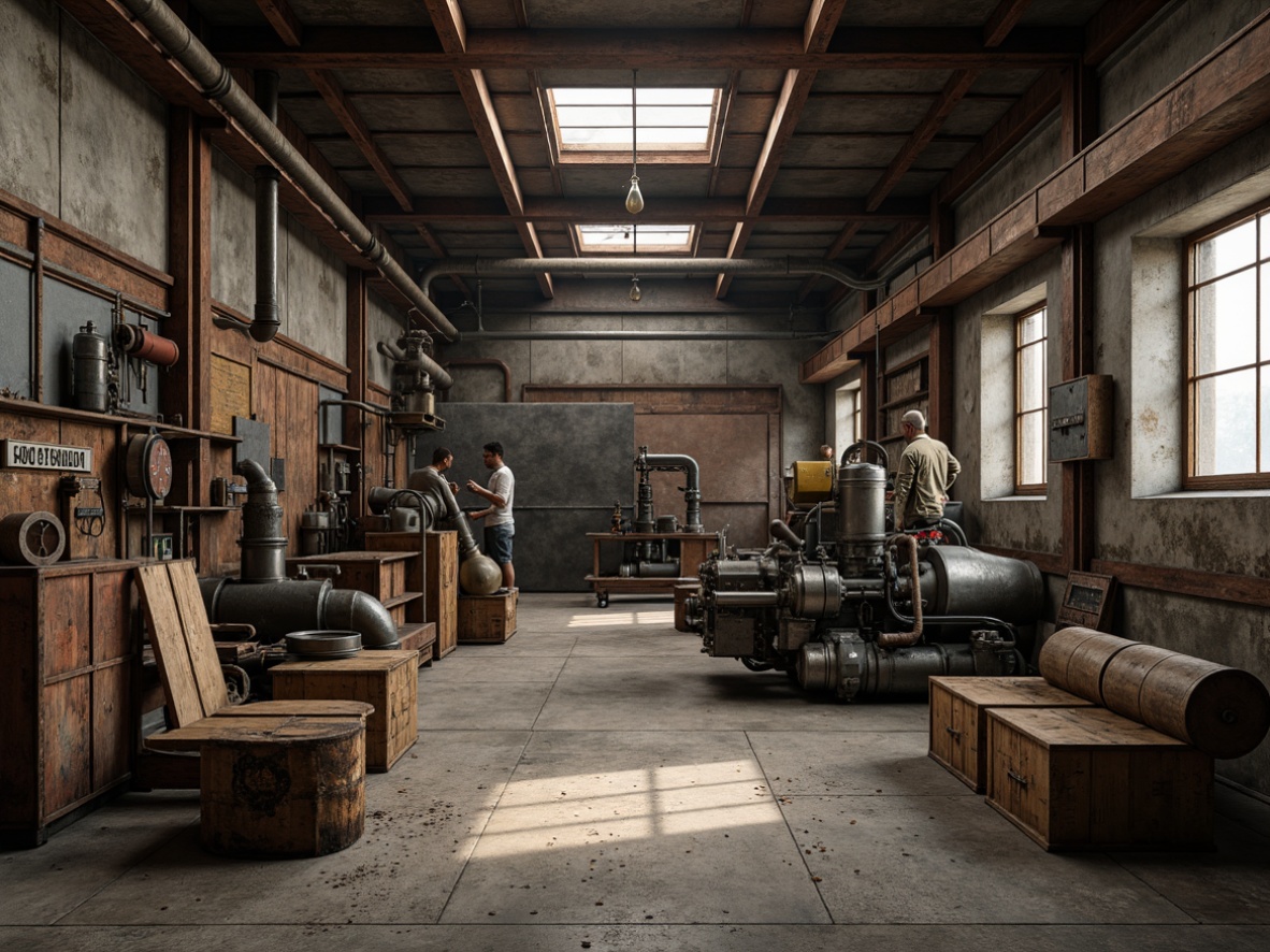 Prompt: Rugged industrial landscape, reinforced concrete foundations, weathered steel beams, exposed brick facades, rusted metal accents, durable epoxy coatings, heavy-duty machinery, robust manufacturing equipment, worn wooden crates, distressed leather textures, vintage metallic signs, harsh overhead lighting, gritty urban atmosphere, 1/2 composition, dramatic shadows, high-contrast imagery.