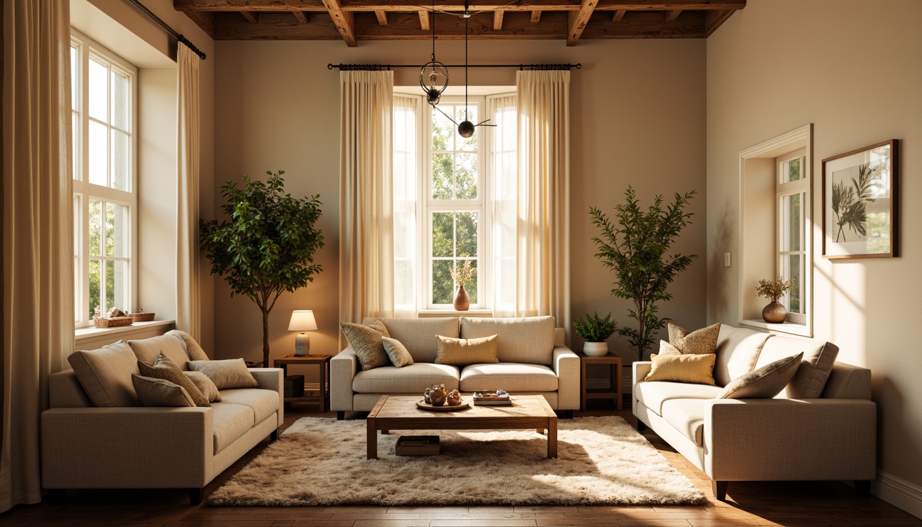 Prompt: Cozy living room, warm beige walls, plush sofas, rustic wooden coffee table, soft velvety carpet, floor-to-ceiling windows, natural daylight, warm golden lighting, table lamps, pendant lights, modern minimalist chandelier, cream-colored curtains, subtle textures, intimate seating arrangement, relaxed ambiance, morning sunbeams, gentle shadows, 1/2 composition, shallow depth of field, realistic rendering.