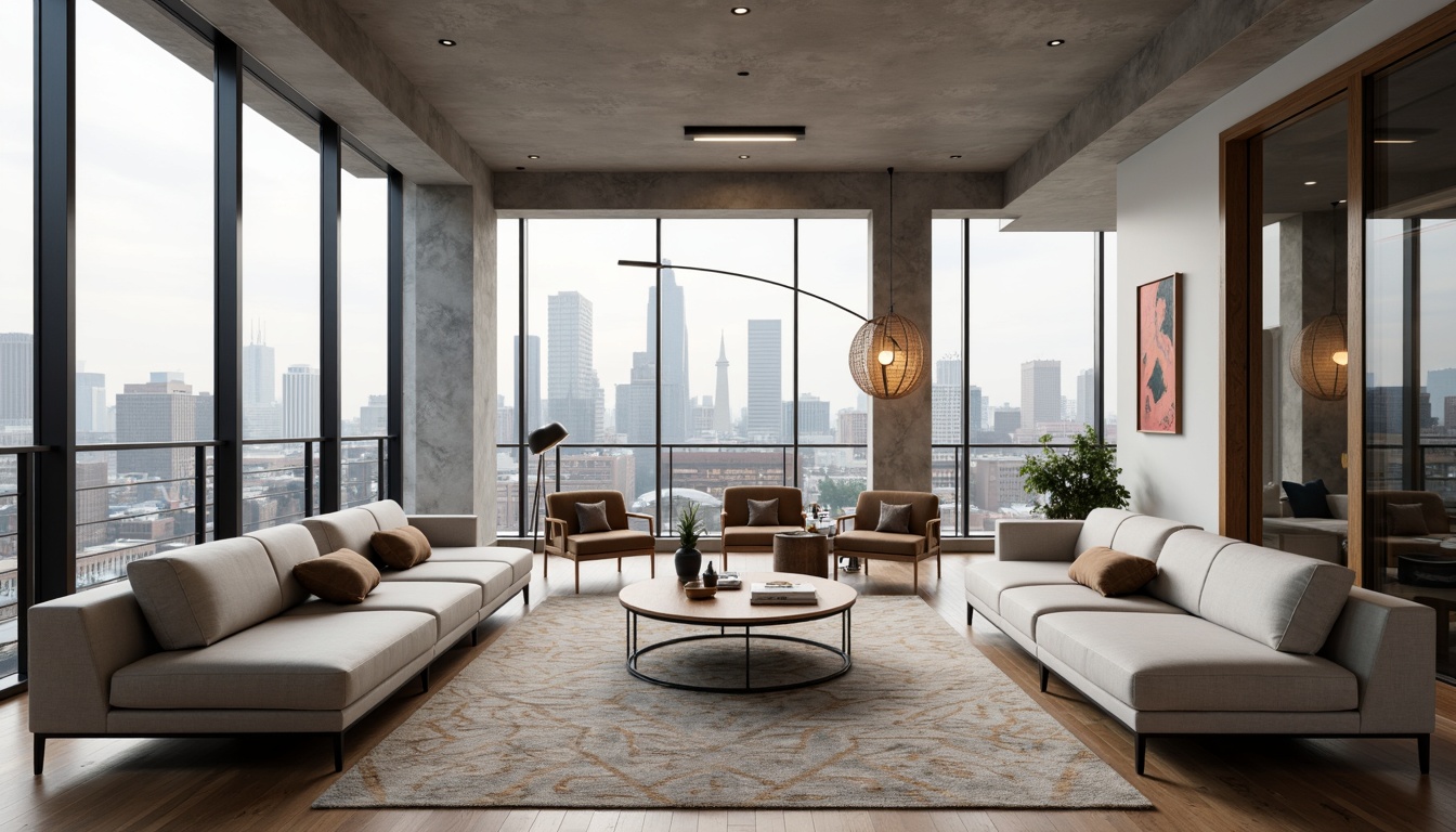 Prompt: Minimalist living room, low-profile sofas, sleek coffee tables, modern armchairs, geometric-patterned rugs, industrial-chic lighting fixtures, reclaimed wood accents, neutral color palette, matte black metal frames, velvety smooth upholstery, abstract artwork, floor-to-ceiling windows, urban city views, warm ambient lighting, shallow depth of field, 1/2 composition, realistic textures, soft focus blur.