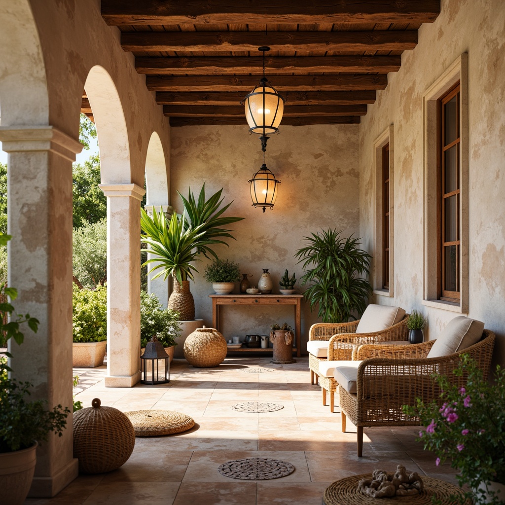 Prompt: Warm Mediterranean ambiance, rustic stone walls, distressed wood accents, earthy terracotta tiles, soft sandy beige plaster, creamy white stucco, glazed ceramic mosaics, woven rattan furniture, natural fiber textiles, lush greenery, vintage metal lanterns, warm golden lighting, shallow depth of field, 1/1 composition, realistic textures, ambient occlusion.