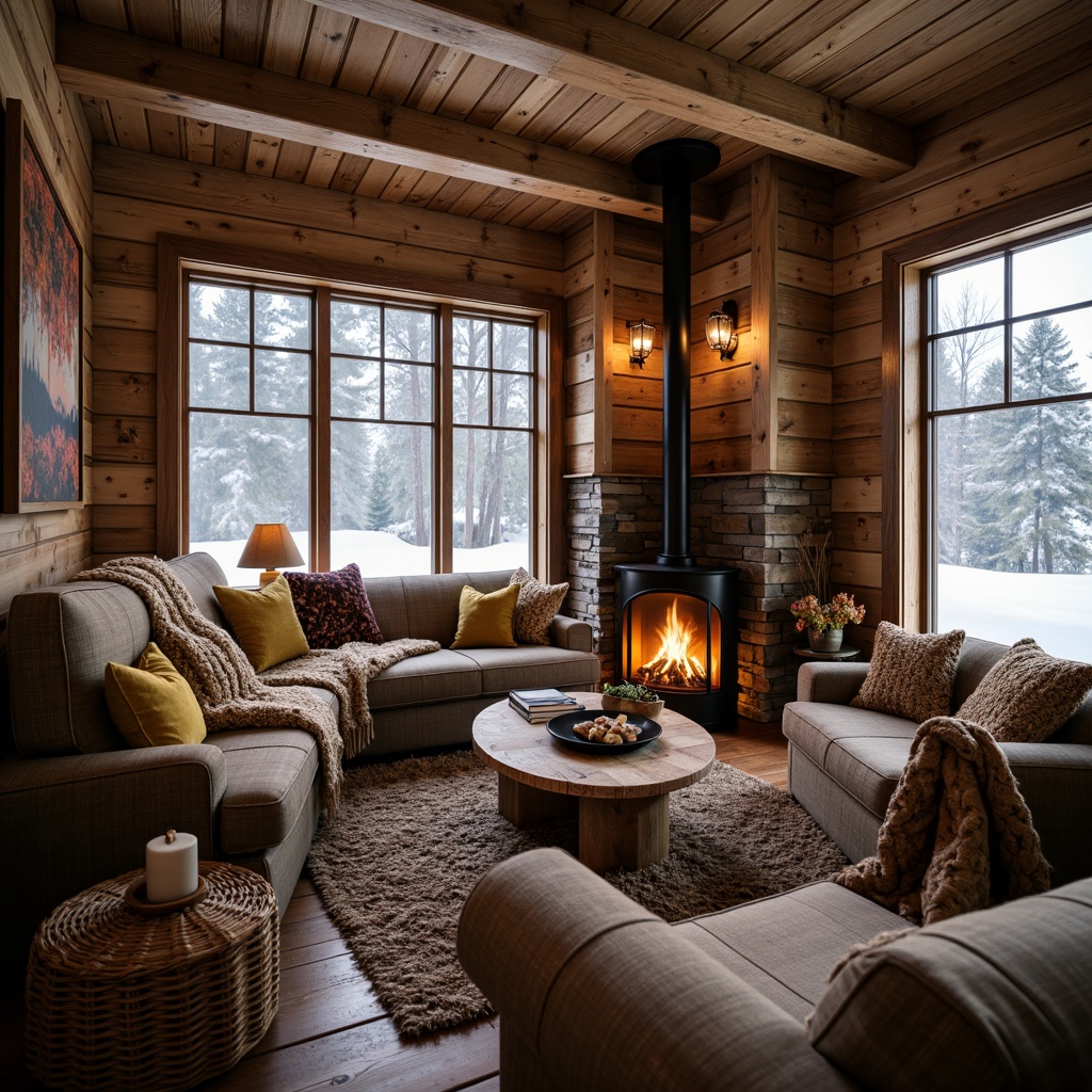 Prompt: Cozy cabin, wooden accents, plush throw blankets, woven baskets, natural fabrics, earthy tones, warm lighting, crackling fireplace, comfortable furnishings, soft cushions, velvety sofas, chunky knitwear, cable-knit patterns, rich wood grains, rustic metal fixtures, nature-inspired artwork, frosted glass windows, snowy outdoor scenery, misty morning atmosphere, shallow depth of field, 1/1 composition, warm color palette, realistic textures.